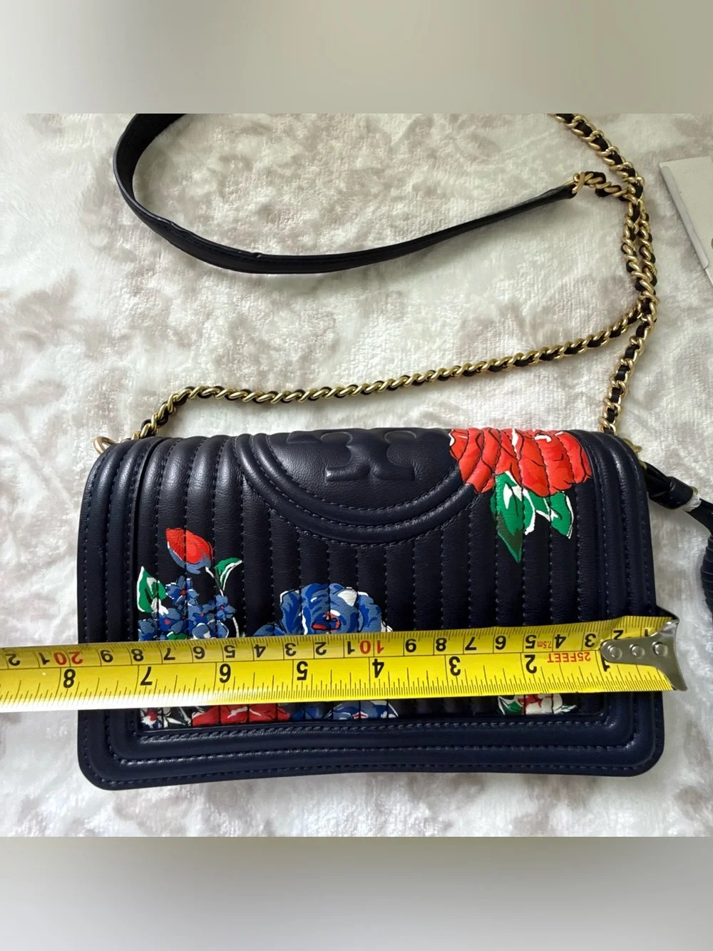 Tory Burch Fleming Soft Printed Floral Navy Leather Wallet Chain Crossbody Bag